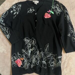 TanJay Black Cardigan with Floral Embroidery